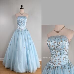Vtg Alyce Prom Dress Maxi Ball Gown 4 Blue Y2K Fairy Princess Cinderella Bead